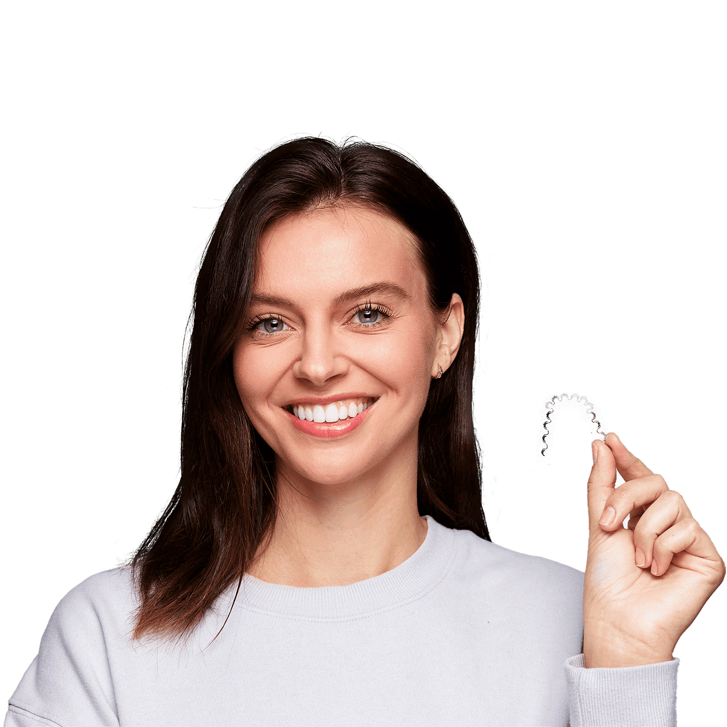 Woman in white crew neck shirt smiling